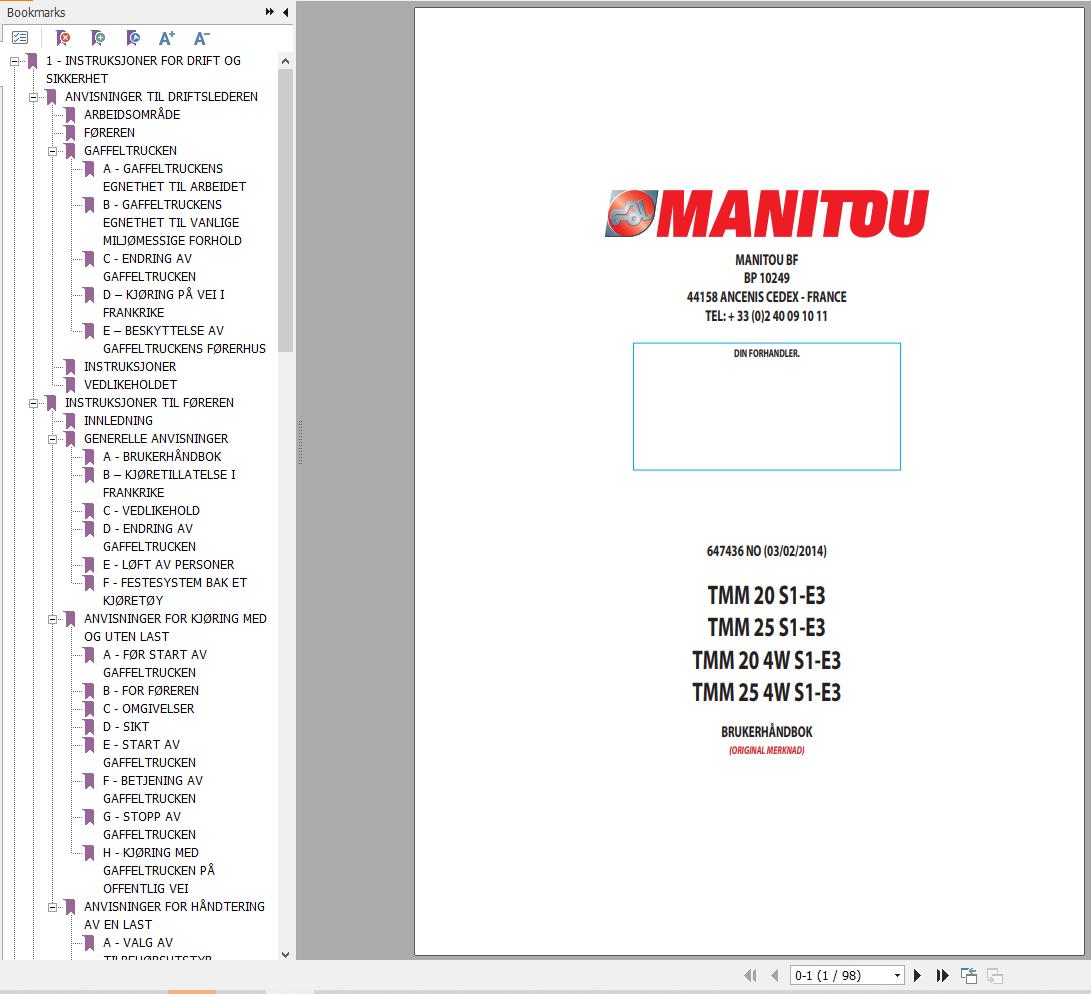 Manitou Forklift TMM20S1 E3 to TMM254WS1 E3 Operator Manual 647436 NO