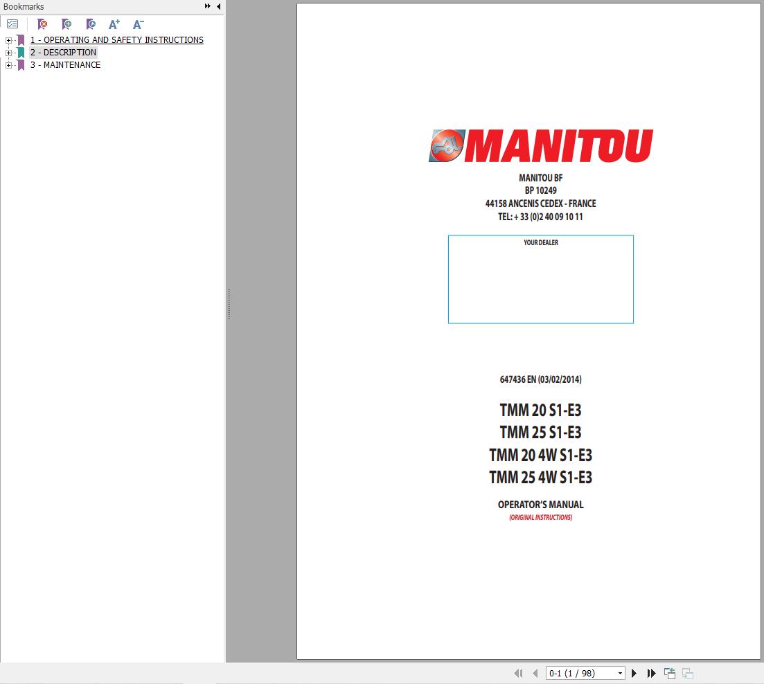 Manitou Forklift TMM20S1E3 to TMM254WS1E3 Operators Manual 647436 EN