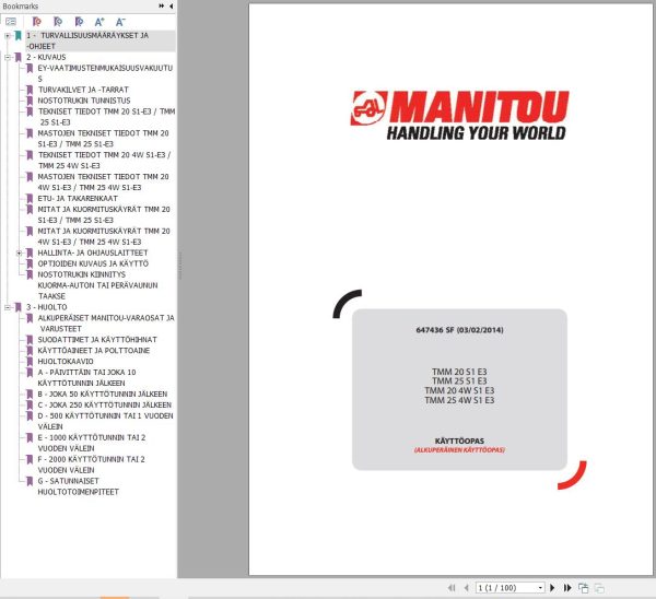 Manitou Forklift TMM20S1E3 to TMM254WS1E3 Operators Manual 647436 FI