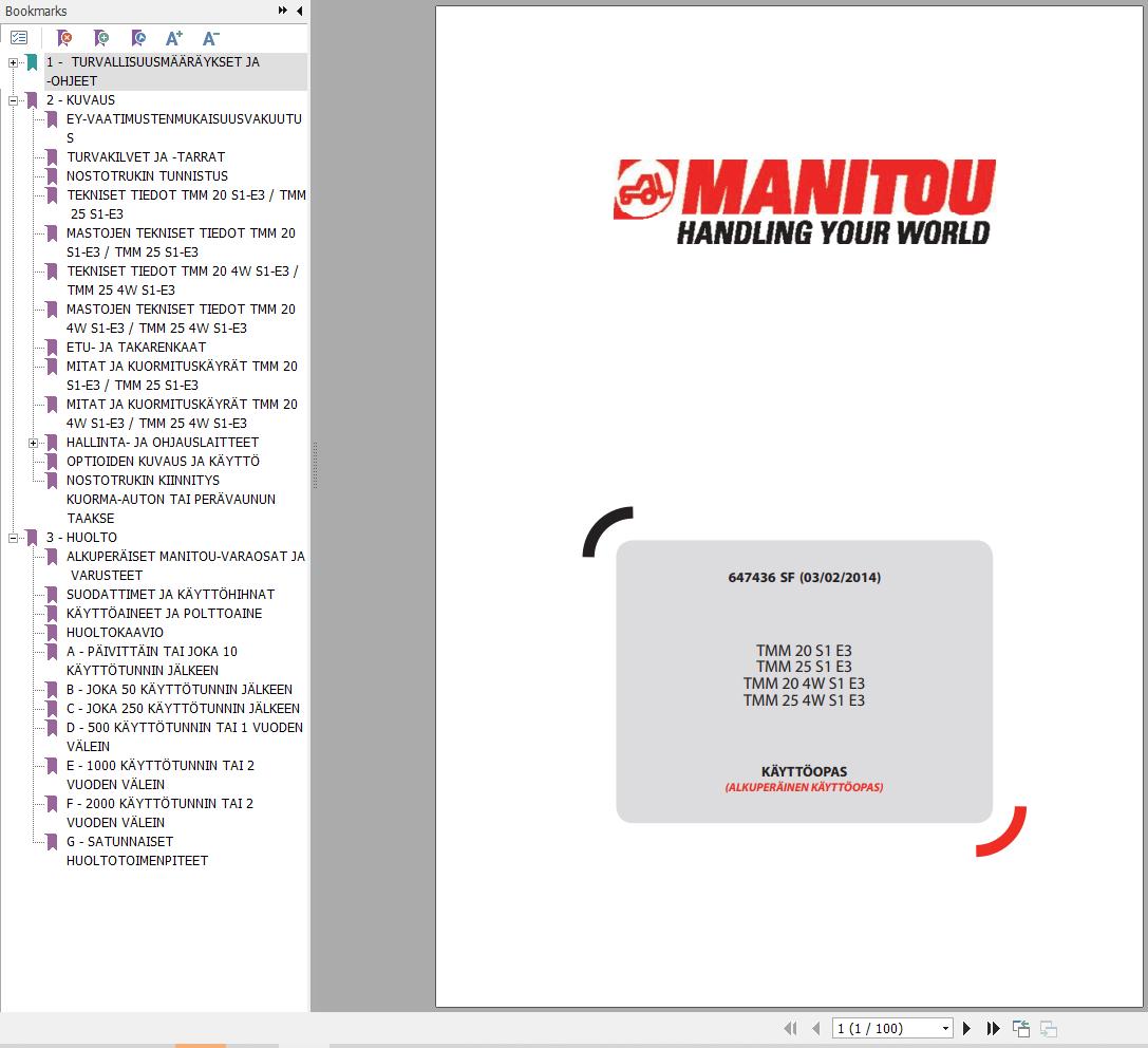 Manitou Forklift TMM20S1E3 to TMM254WS1E3 Operators Manual 647436 FI