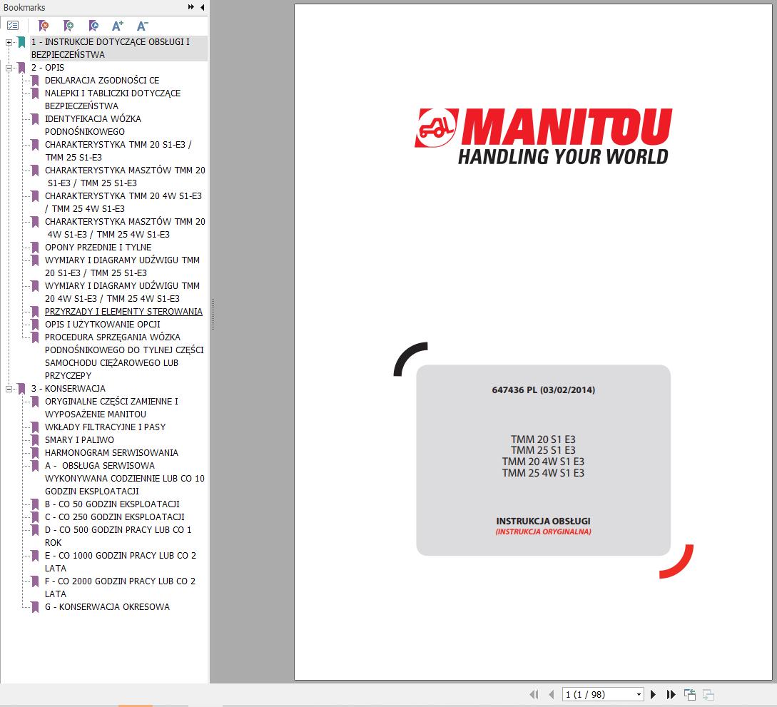 Manitou Forklift TMM20S1E3 to TMM254WS1E3 Operators Manual 647436 PL
