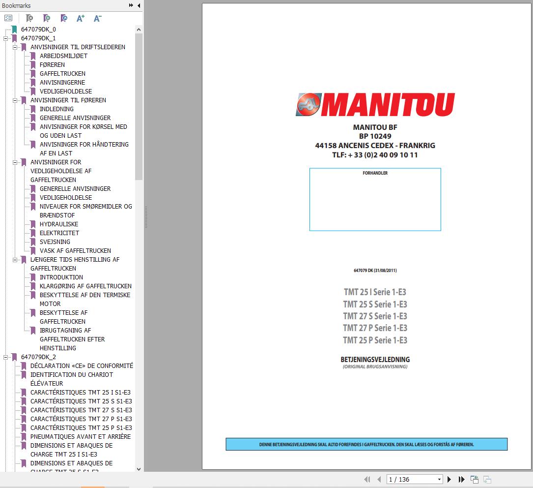 Manitou Forklift TMT25 I to TMT27 P Series 1 E3 Operators Manual 647079 DK