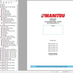 Manitou Forklift TMT25I to TMT27P Series 1 E3 Operators Manual 647079