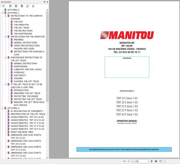 Manitou Forklift TMT25I to TMT27P Series 1 E3 Operators Manual 647079
