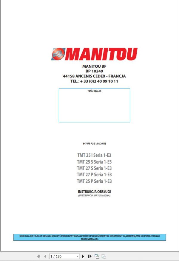 Manitou Forklift TMT25I to TMT27P Series 1 E3 Operators Manual 647079 PL