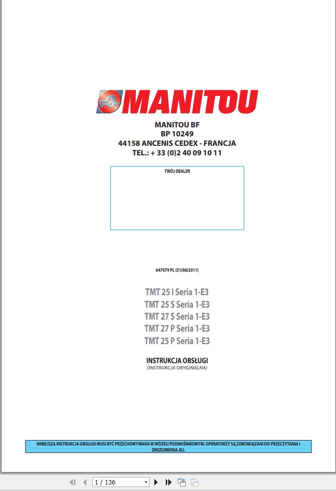 Manitou Forklift TMT25I to TMT27P Series 1 E3 Operators Manual 647079 PL