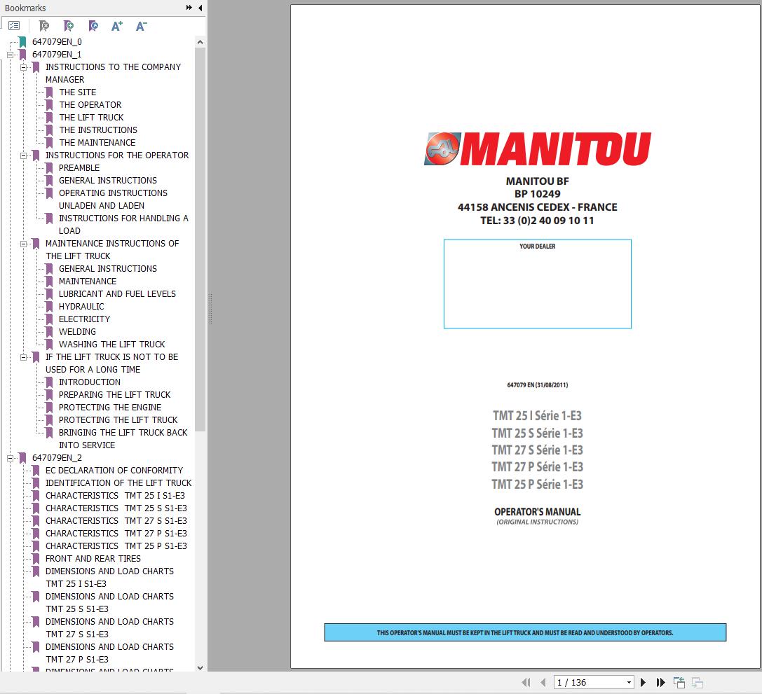 Manitou Forklift TMT25I to TMT27P Series 1 E3 Operators Manual 647079