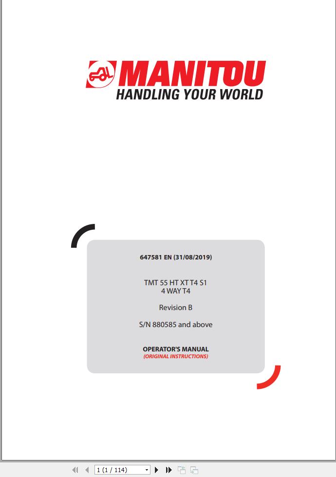 Manitou Forklift TMT55HTT4S14WAYT4 TMT55XTT4S14WAYT4 Operator Manual 647581