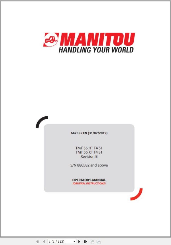 Manitou Forklift TMT55HTT4S1OP TMT55XTT4S1OP Operators Manual 647555EN