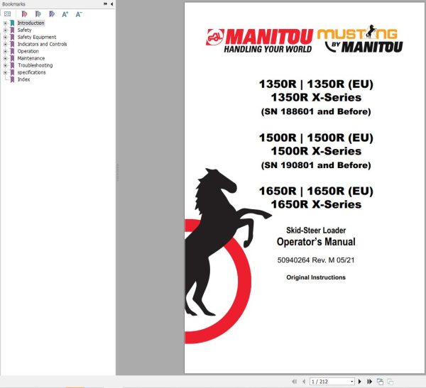 Manitou Loader 1350R to 1650R X Series Operators Manual 50940264M