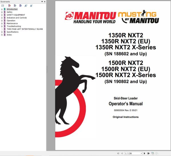 Manitou Loader 1350RNXT2 to 1500RNXT2 X Series Operators Manual 50950504E