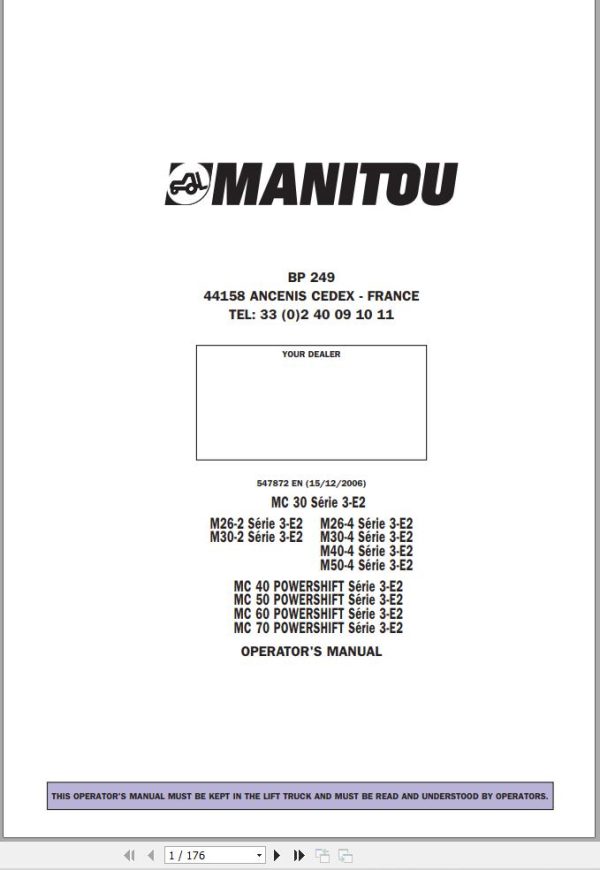 Manitou M26 2 series3 E2 To MC70 POWERSHIFT Series3 E2 Operator Manual 547872