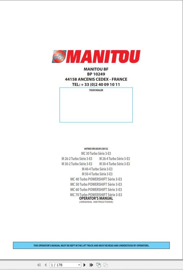 Manitou MC30 Turbo to M50 4 Turbo Series 3 E3 Operator Manual 647003