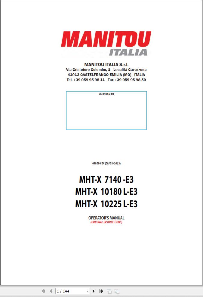 Manitou MHT X7140 Turbo E3 to MHT X10225 Turbo LE3 Operator Manual