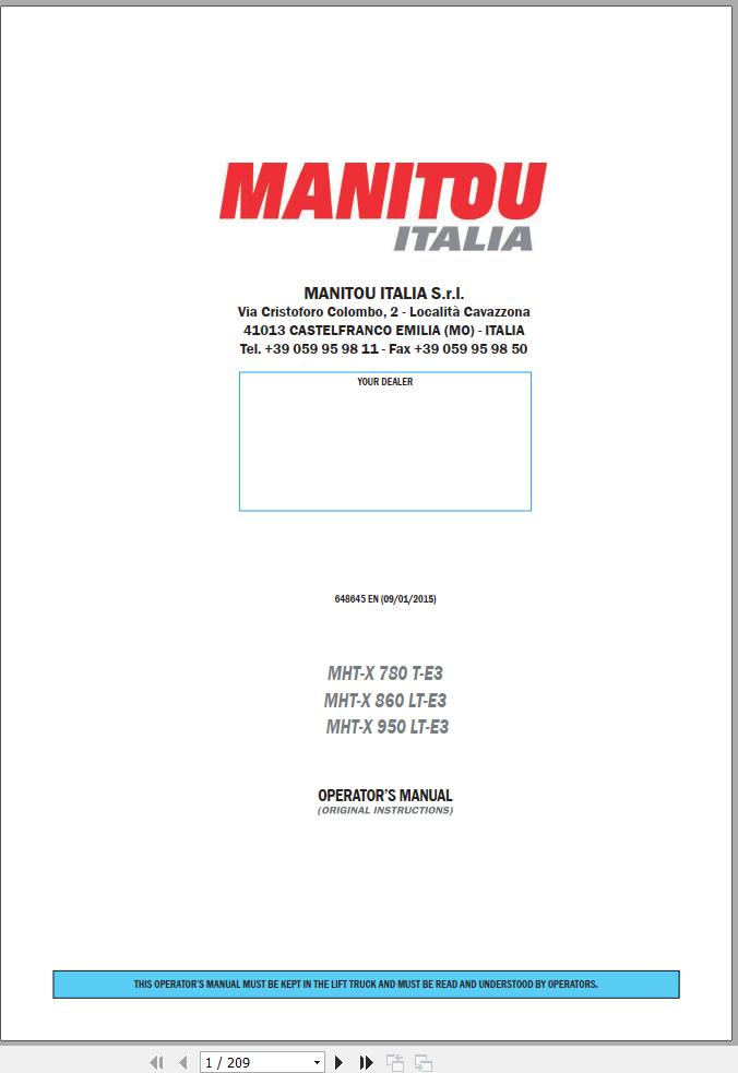 Manitou MHT X780T E3 MHT X860LT E3 MHT X950LT E3 Operator Manual 648645 EN