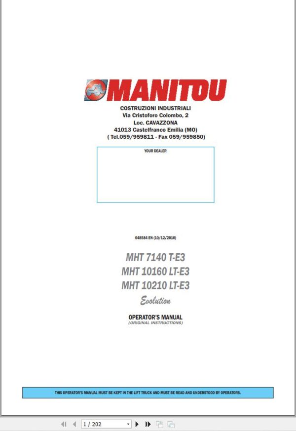 Manitou MHT7140T E3 MHT10160LT E3 MHT10210LT E3 Operators Manual 648584 EN