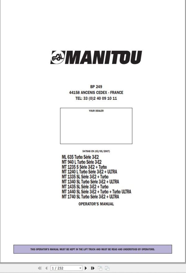 Manitou ML635 Turbo To MT1740SL Turbo Series Operator Manual 547848 EN
