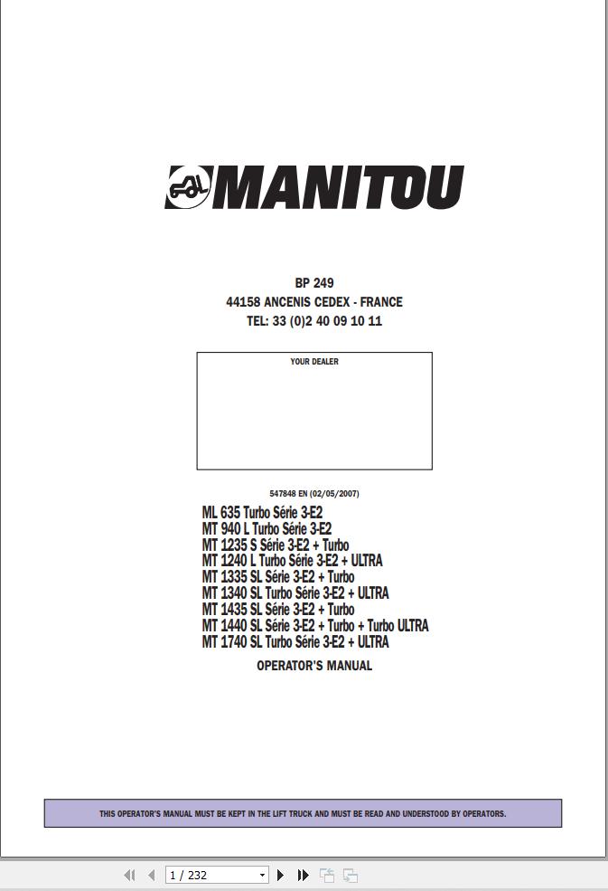 Manitou ML635 Turbo To MT1740SL Turbo Series Operator Manual 547848 EN