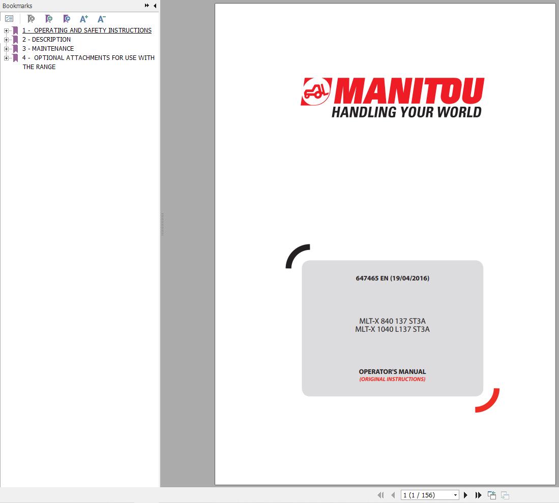 Manitou MLT X840 137ST3A MLT X1040L137ST3A Operator Manual 647465