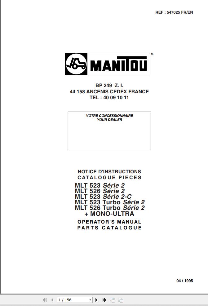 Manitou MLT523 To MLT526 Turbo Series2 MONO ULTRA Operator Parts Manual 547025