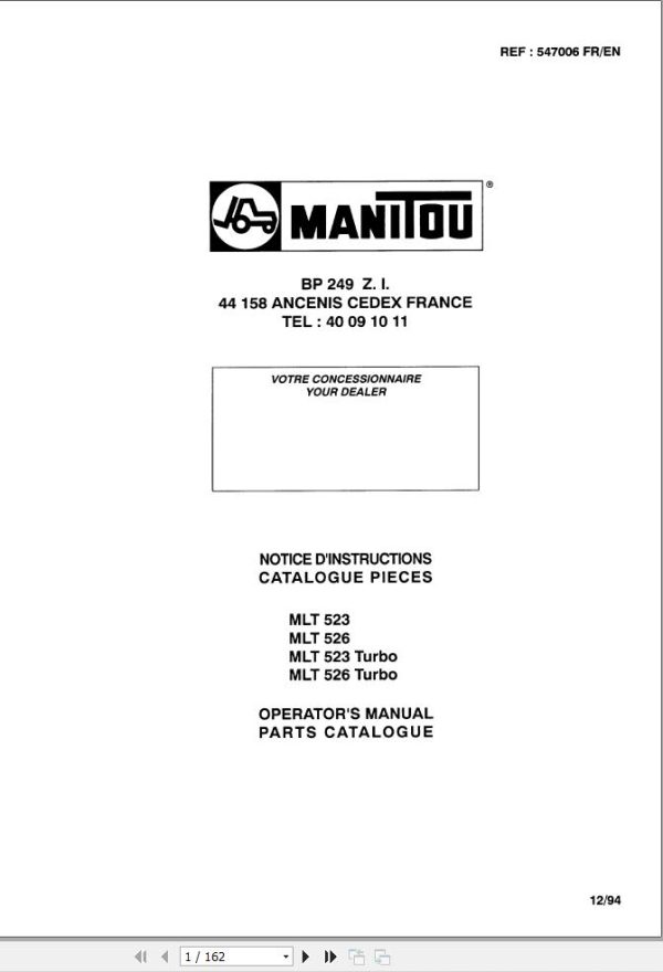 Manitou MLT523 to MLT526 Turbo Operator Parts Manual 547006