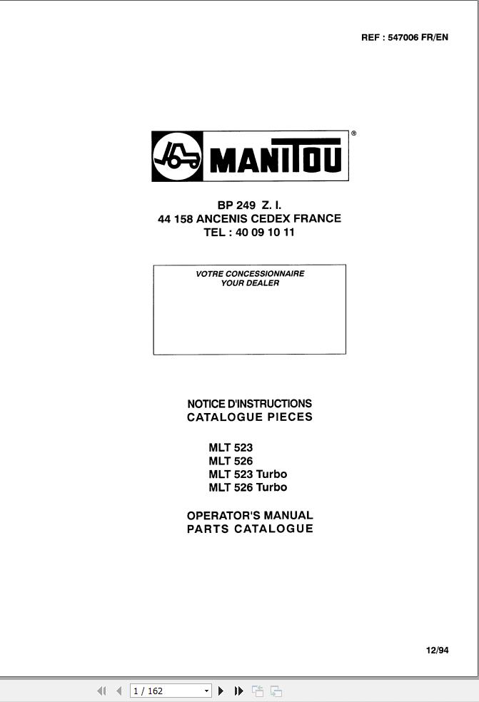 Manitou MLT523 to MLT526 Turbo Operator Parts Manual 547006