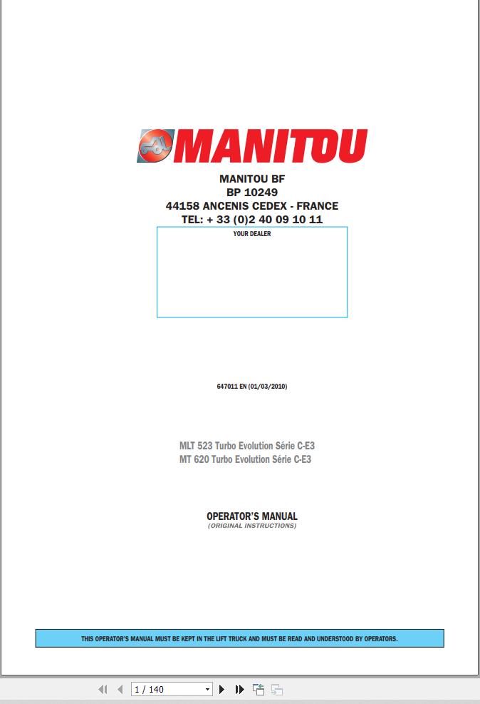Manitou MLT523 MT620 Turbo EVOLUTION C E3 Operator Manual 647011