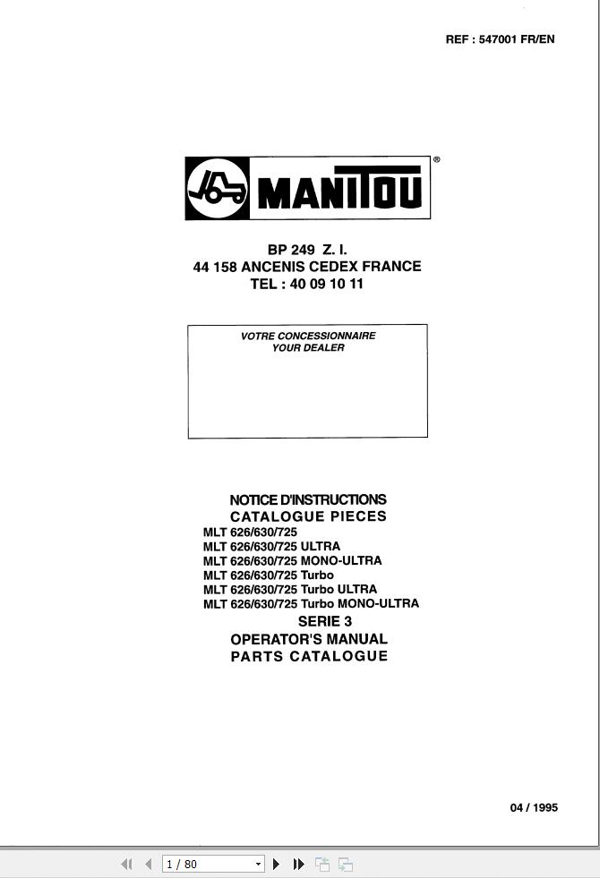 Manitou MLT626 To MLT725 Turbo MONO ULTRA Series3 Operator Parts Manual 547001