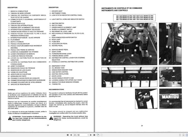Manitou MLT626 To MLT725 Turbo MONO ULTRA Series3 Operator Parts Manual 547001 1