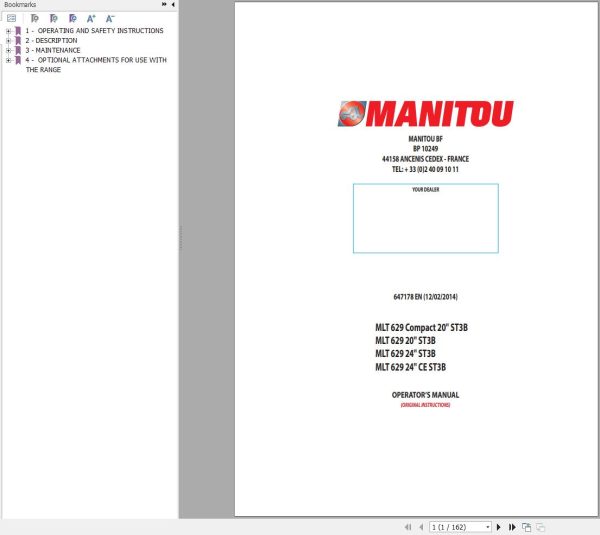 Manitou MLT629 Compact 20 ST3B To MLT629 24 CE ST3B Operator Manual 647178
