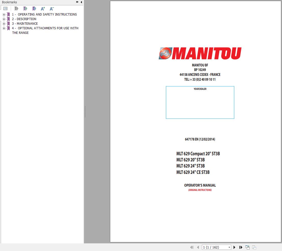 Manitou MLT629 Compact 20 ST3B To MLT629 24 CE ST3B Operator Manual 647178