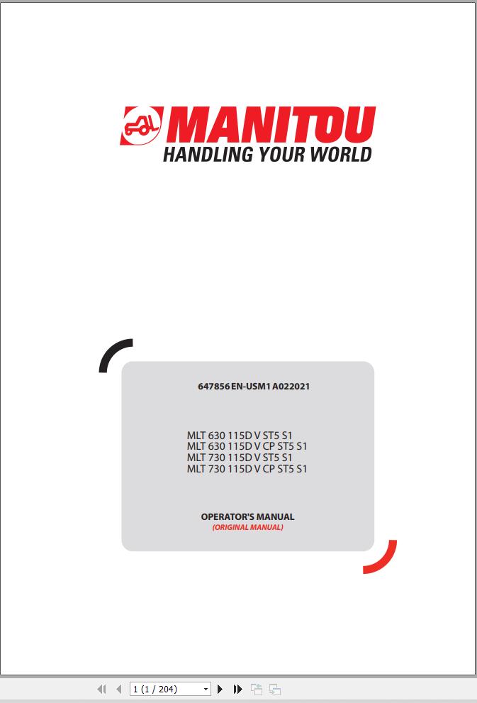 Manitou MLT630115DVST5S1 to MLT730115DVCPST5S1 Operator Manual 647856EN USM1A022021
