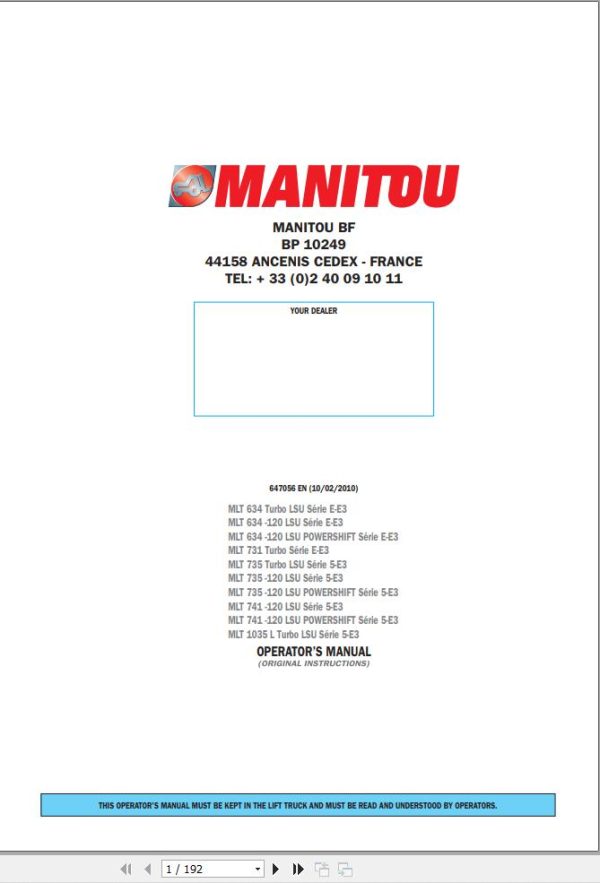 Manitou MLT634 Series To MLT1035L Series Operator Manual 647056