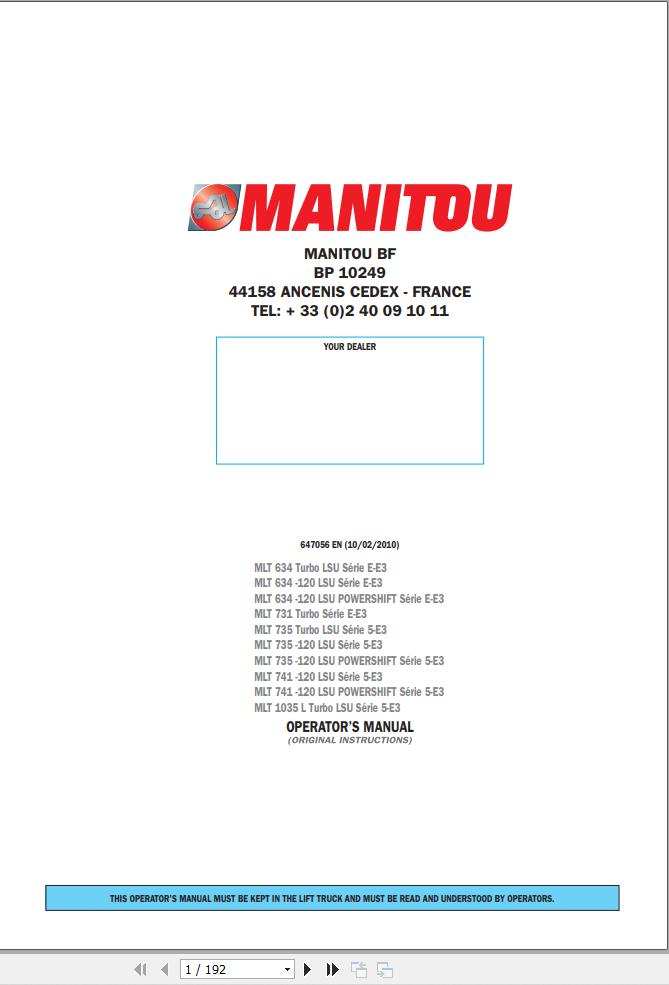 Manitou MLT634 Series To MLT1035L Series Operator Manual 647056
