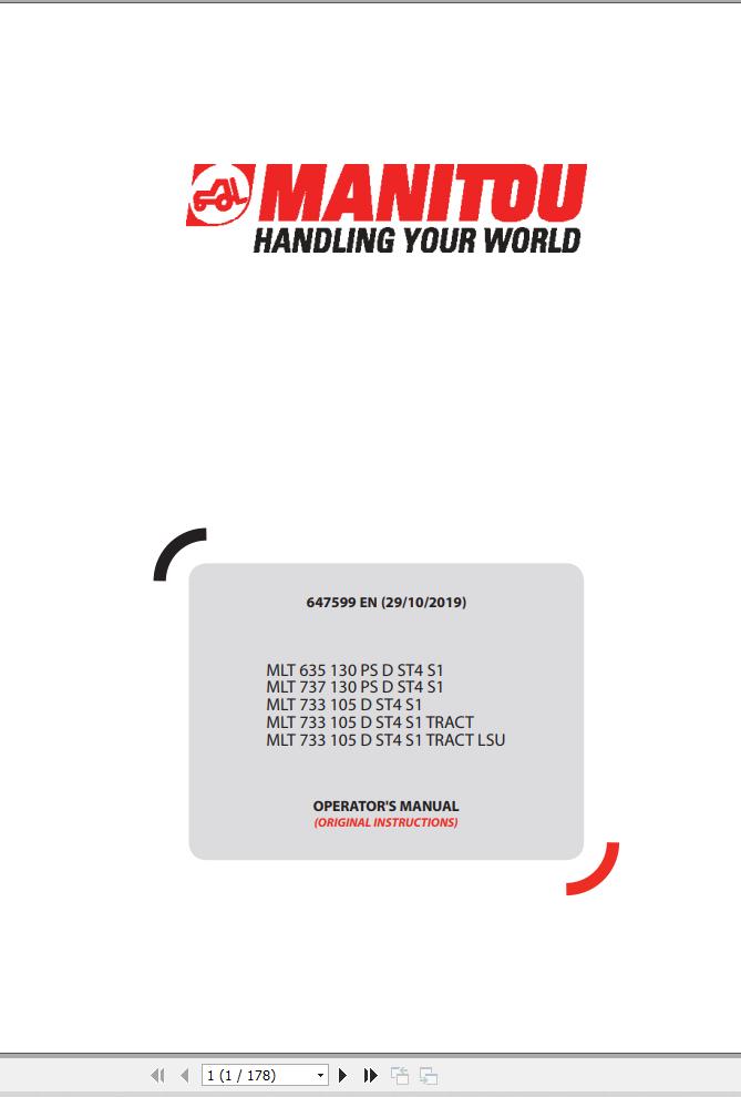 Manitou MLT635130PSDST4S1 To MLT733105DST4S1 TRACT LSU Operator Manual 647599