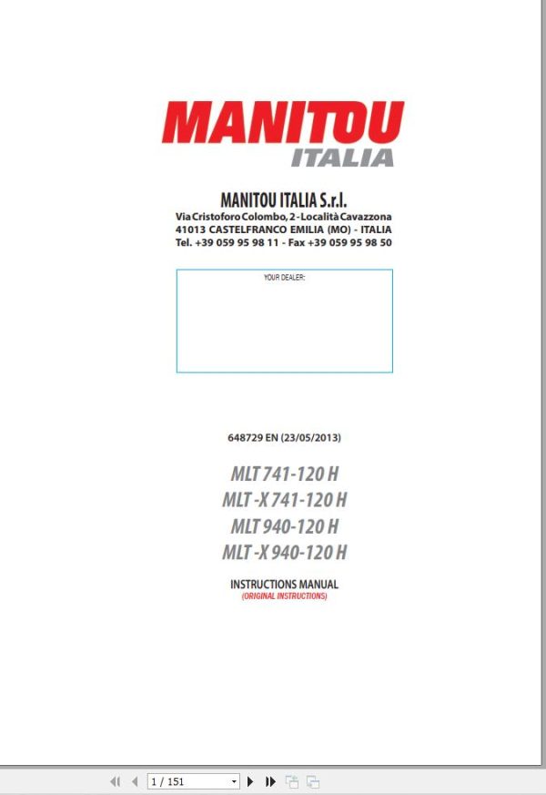 Manitou MLT741 120H to MLT X940 120H Instruction Manual 648729