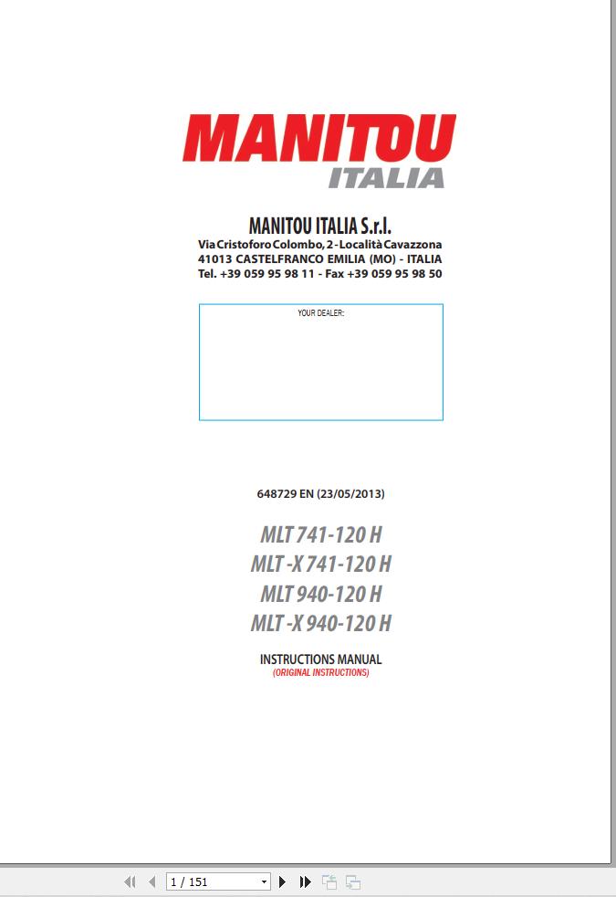 Manitou MLT741 120H to MLT X940 120H Instruction Manual 648729