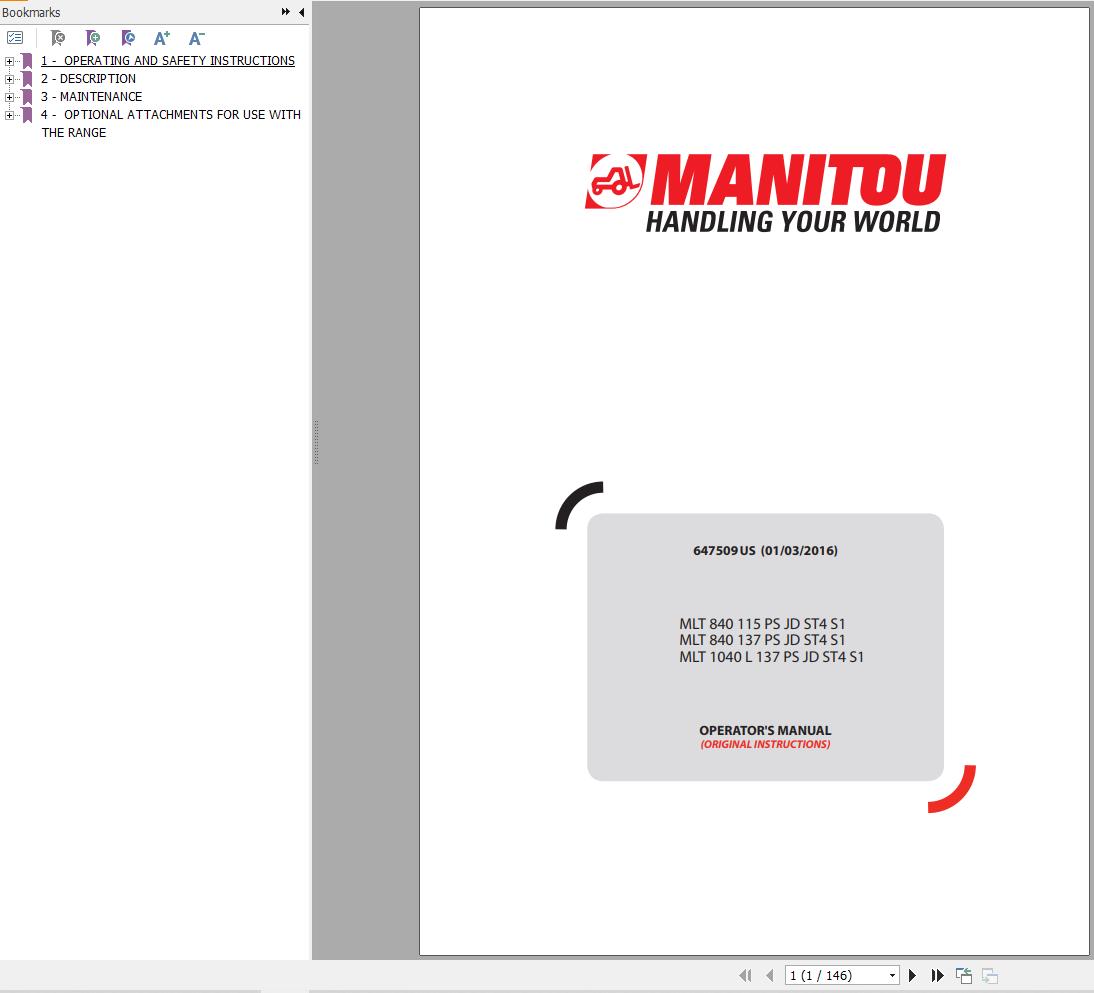 Manitou MLT840115PSJDST4S1 to MLT1040L137PSJDST4S1 Operator Manual 647509
