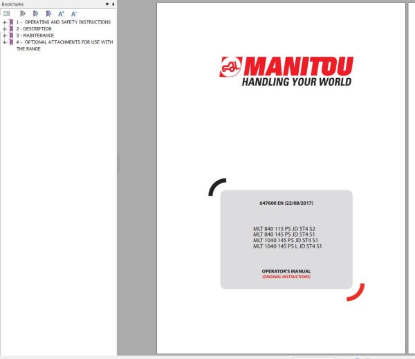 Manitou MLT840115PSJDST4S2 to MLT1040145PSJDST4S1 Operator Manual 647600