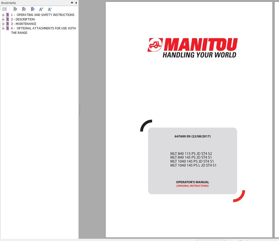 Manitou MLT840115PSJDST4S2 to MLT1040145PSJDST4S1 Operator Manual 647600