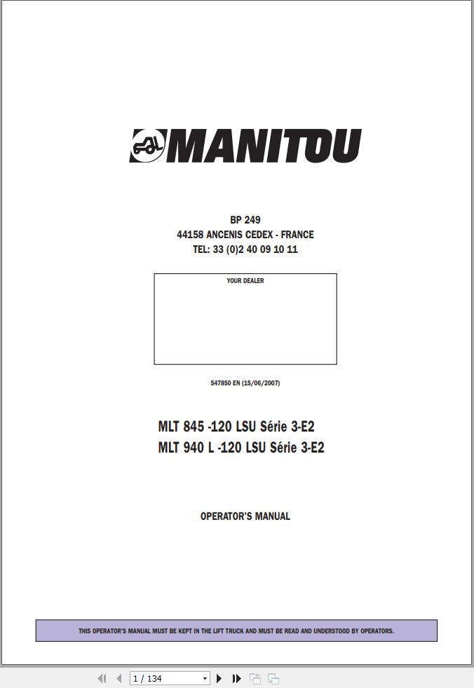 Manitou MLT845 120LSU Series3 E2 MLT940L 120LSU Series3 E2 Operator Manual 547850