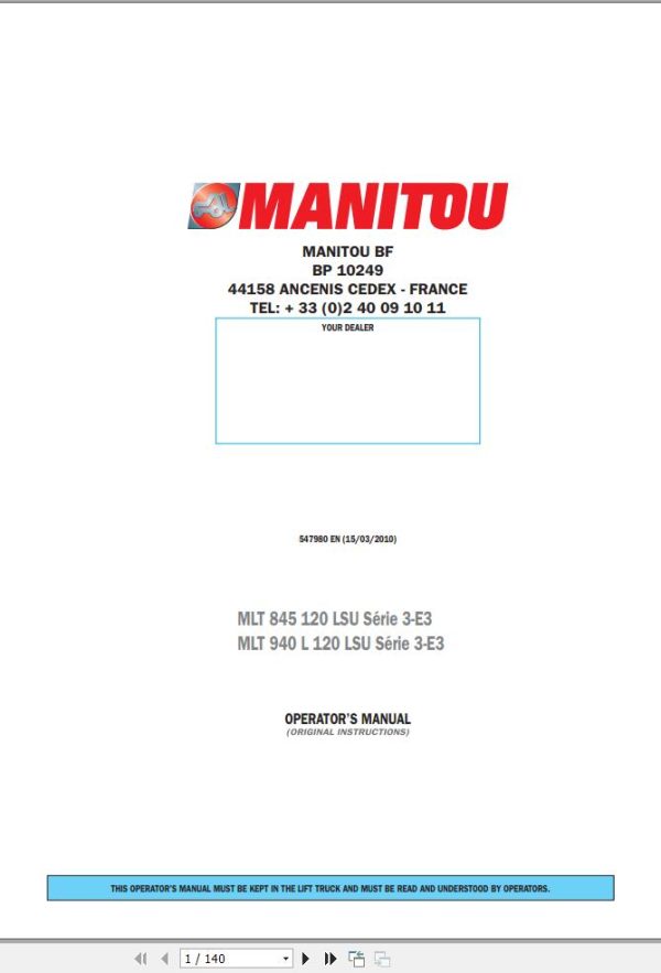 Manitou MLT845120LSU Series3 E3 MLT940L120 LSU Series3 E3 Operator Manual 547980
