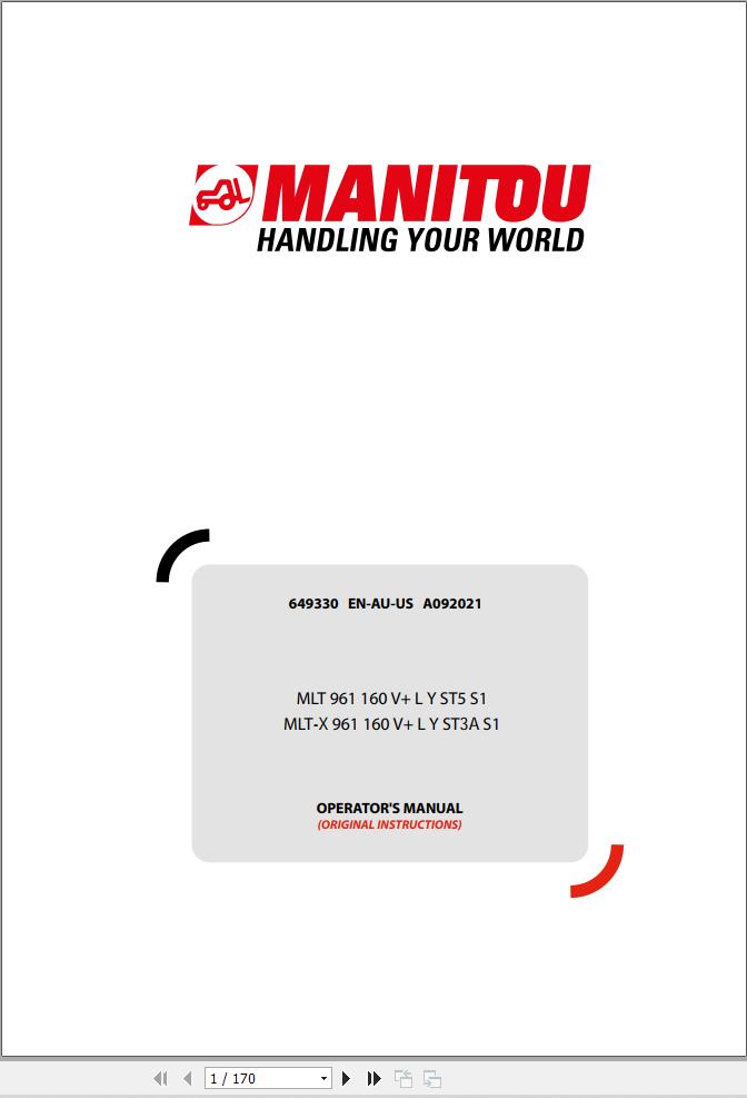 Manitou MLT961160VLYST5S1 MLT X961160VLYST3AS1 Operator Manual 649330EN AU USA092021