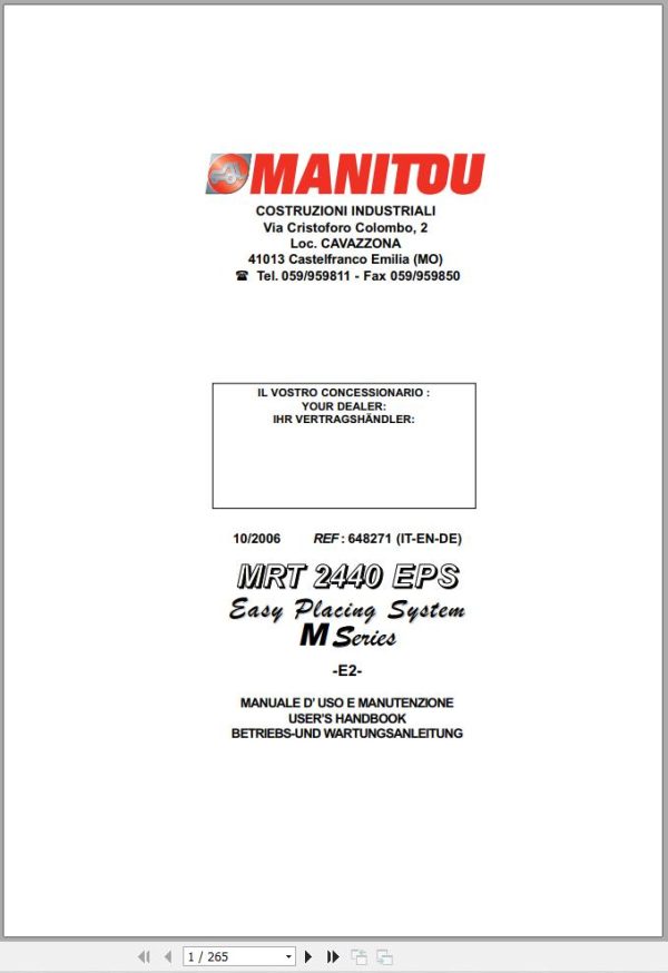 Manitou MRT 2440 EPS M Series E2 Easy Placing System User Manual 648271