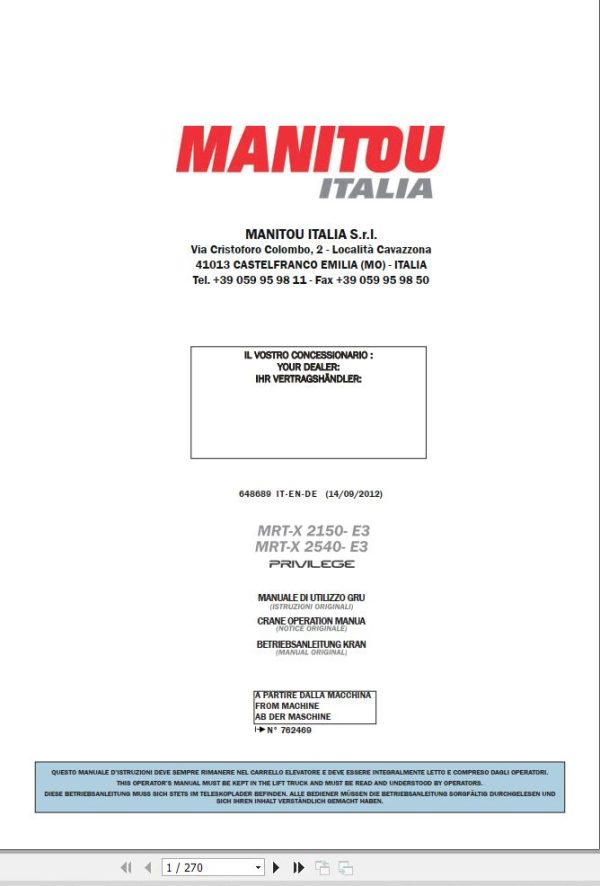 Manitou MRT X2150 E3 Privilege MRT X2550 E3 Privilege Operator Manual