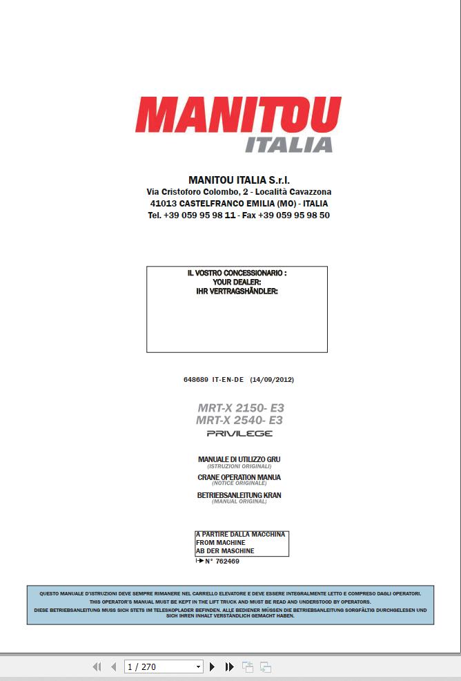 Manitou MRT X2150 E3 Privilege MRT X2550 E3 Privilege Operator Manual