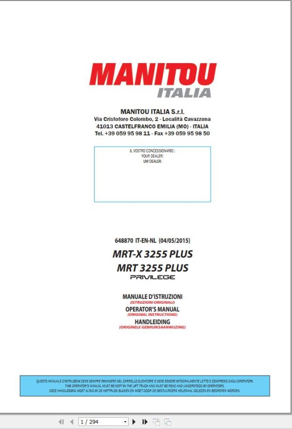 Manitou MRT X3255 Plus MRT3255 Plus Privilege Operator Manual 648870 IT EN NL