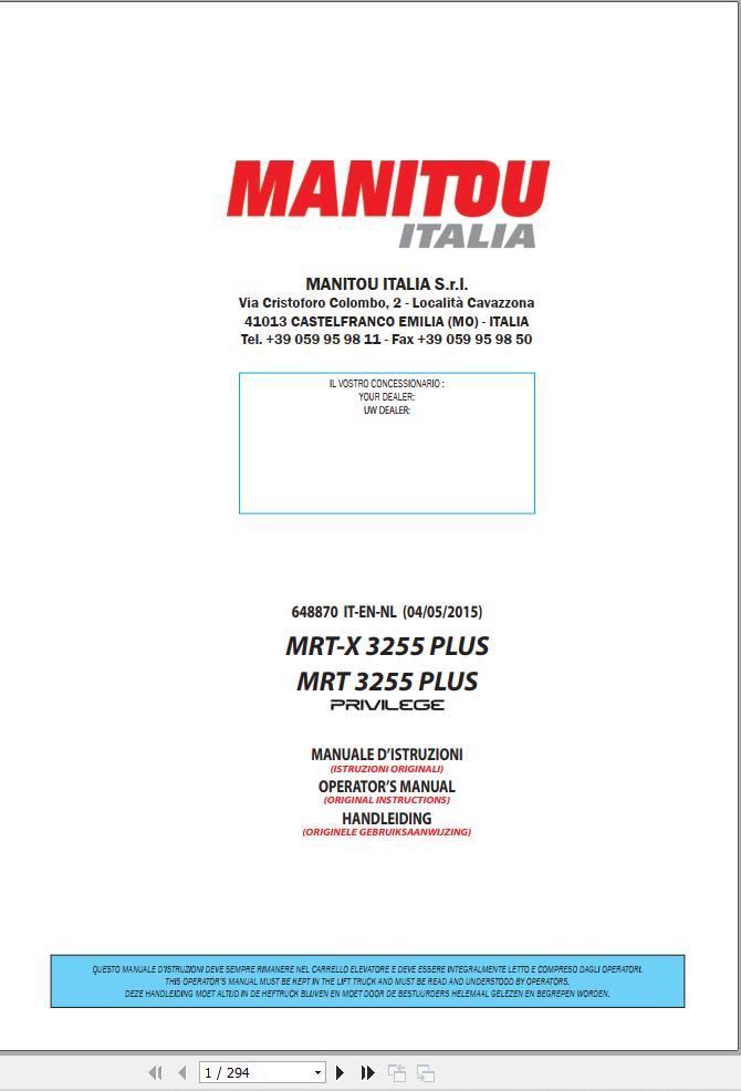 Manitou MRT X3255 Plus MRT3255 Plus Privilege Operator Manual 648870 IT EN NL