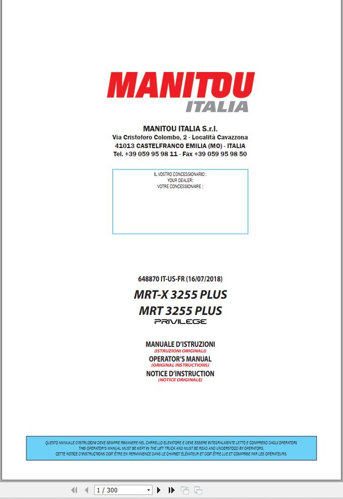 Manitou MRT X3255 Plus MRT3255 Plus Privilege Operator Manual 648870 IT US FR