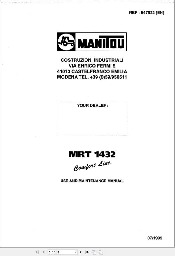 Manitou MRT1432 Comfort Line User Maintenance Manual 547622
